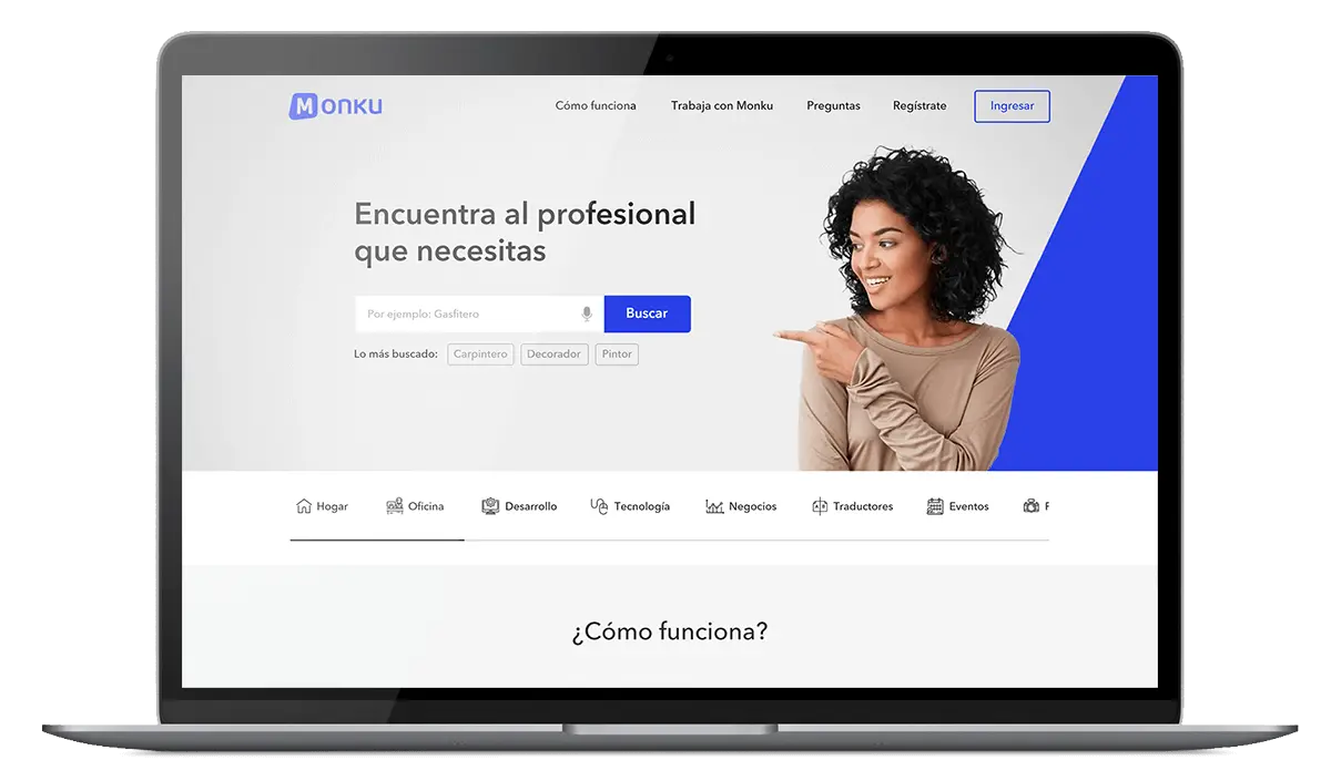Vista en laptop del diseño para la página web de Monku